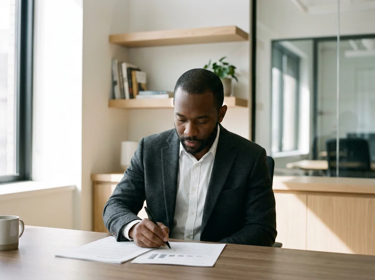 A man in a gray blazer and white shirt sitting at a wooden desk, working with papers and a pen in a modern office with shelves and windows.