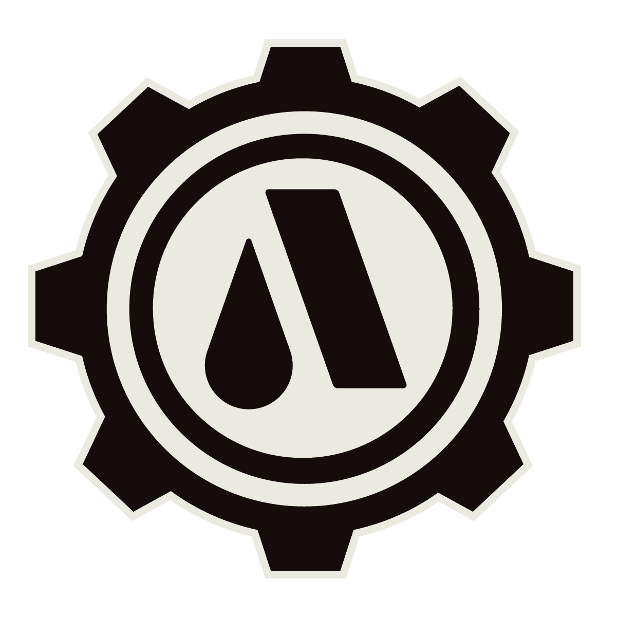 Valve logo with a gear surrounding a circle containing a droplet and a slanted rectangle.
