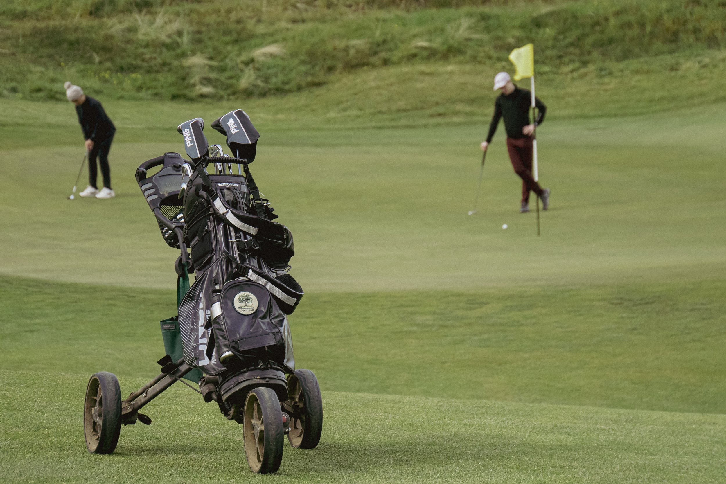 Golf bag on a push cart with golfers in the background on a green, putting near a hole with a yellow flag.