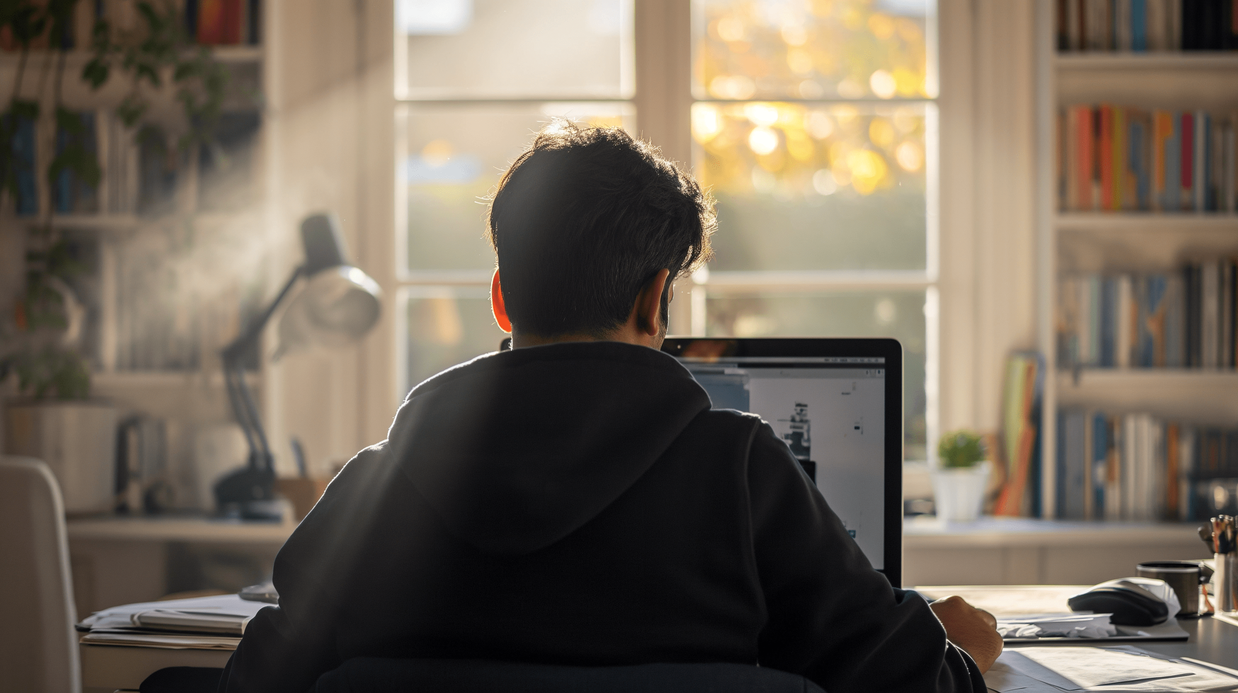 Person working on a computer in a home office, with bookshelves and a window in the background.