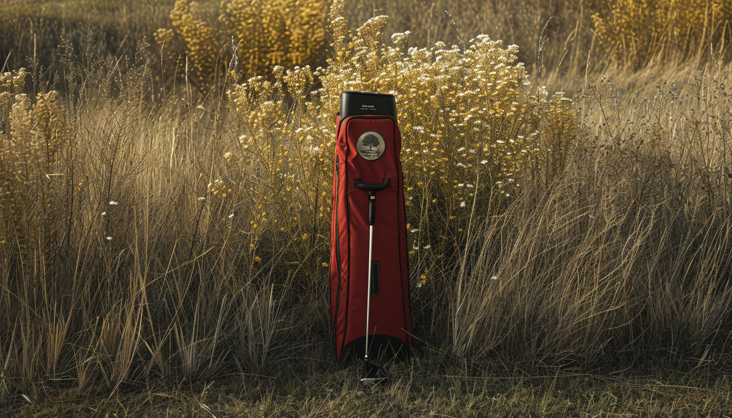 Red golf bag with handle and logo among tall dry grass and wildflowers.