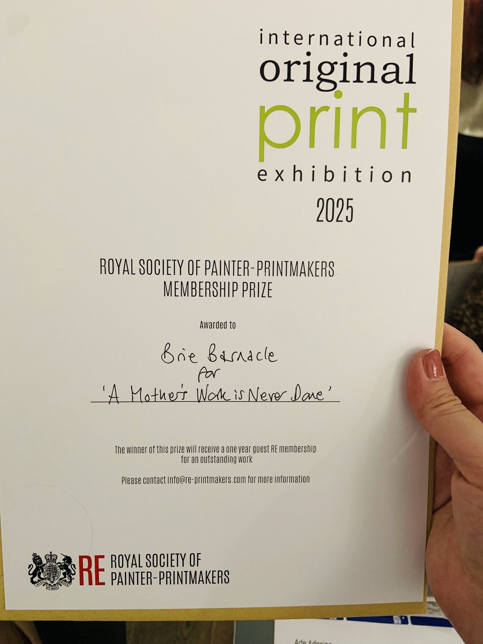 Awarded the Royal Society of Painter-Printmakers Membership Prize for an Outstanding Work.