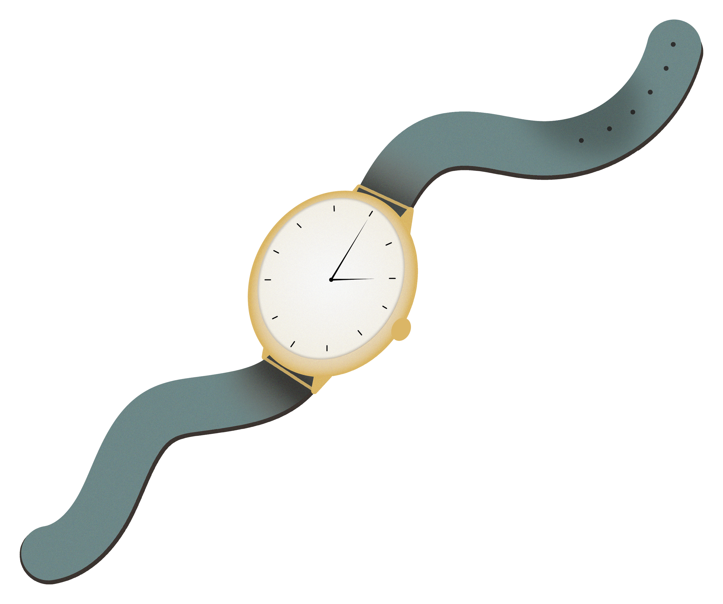 Een horloge met een witte wijzerplaat en een zwarte band, gedragen door een hand. In de achtergrond een witte tafel.