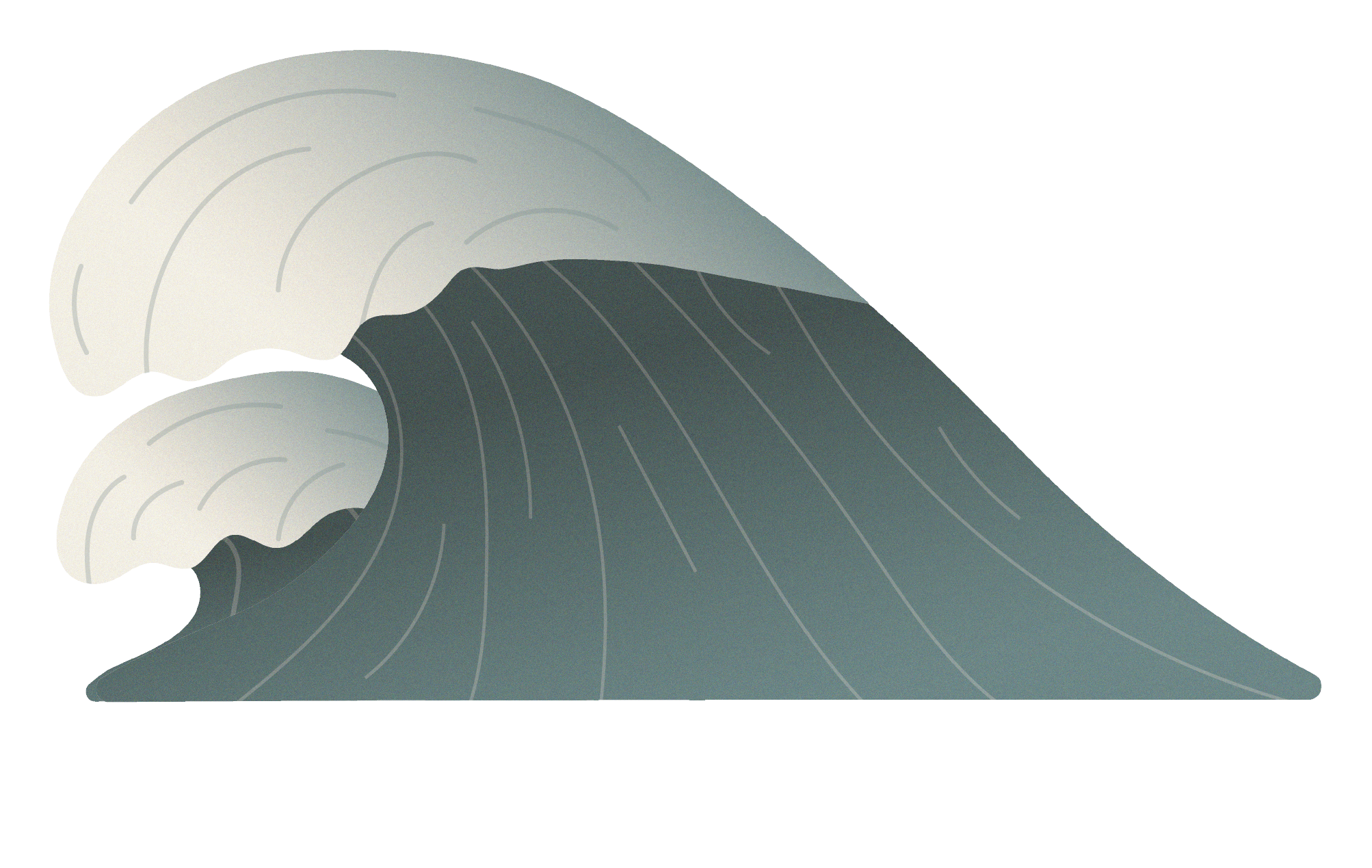 Een digitale illustratie van een grote oceaangolf met een donkere onderkant en een lichte bovenkant, met lijnen die de golfvorm benadrukken.