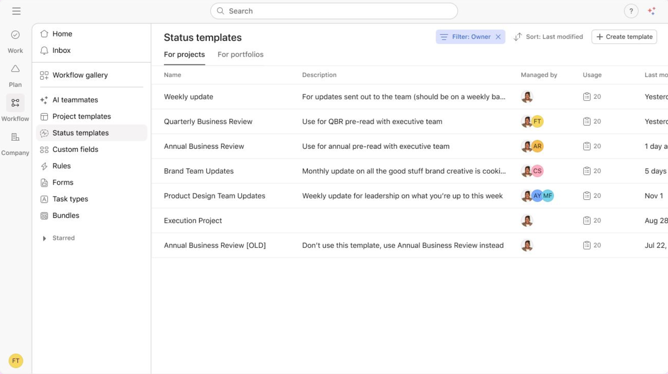 Templates for Status Updates in Asana