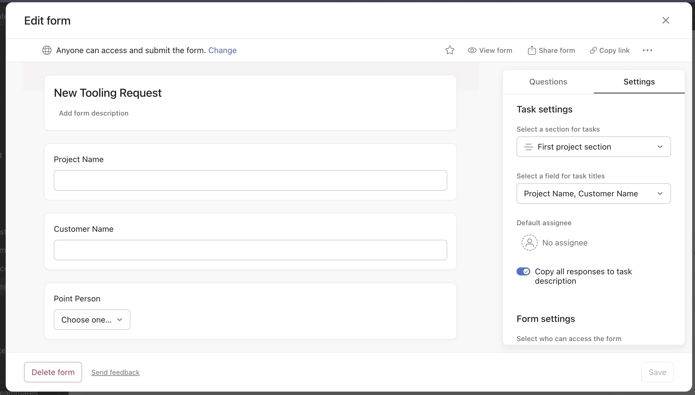 Asana Forms Settings
