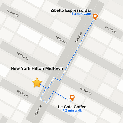 Street map of New York City showing a 3 minute walk to Zibetto Espresso Bar and a 2 minute walk to Le Cafe Coffee from the New York Hilton Midtown.