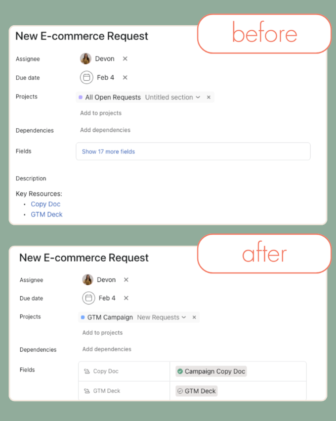Product Launch Coordination using Asana's Reference Custom Field Feature before and after screenshots