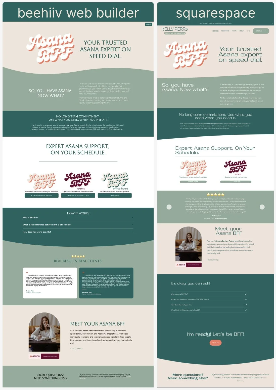 side by side of the beehiiv website vs. squarespace