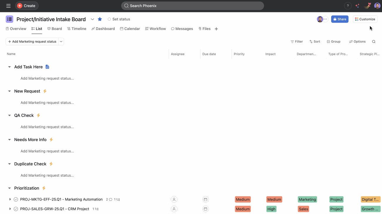 Animated screen recording of Asana project settings showing a user setting "Marketing request status" as the default task type for the Project/Initiative Intake Board.