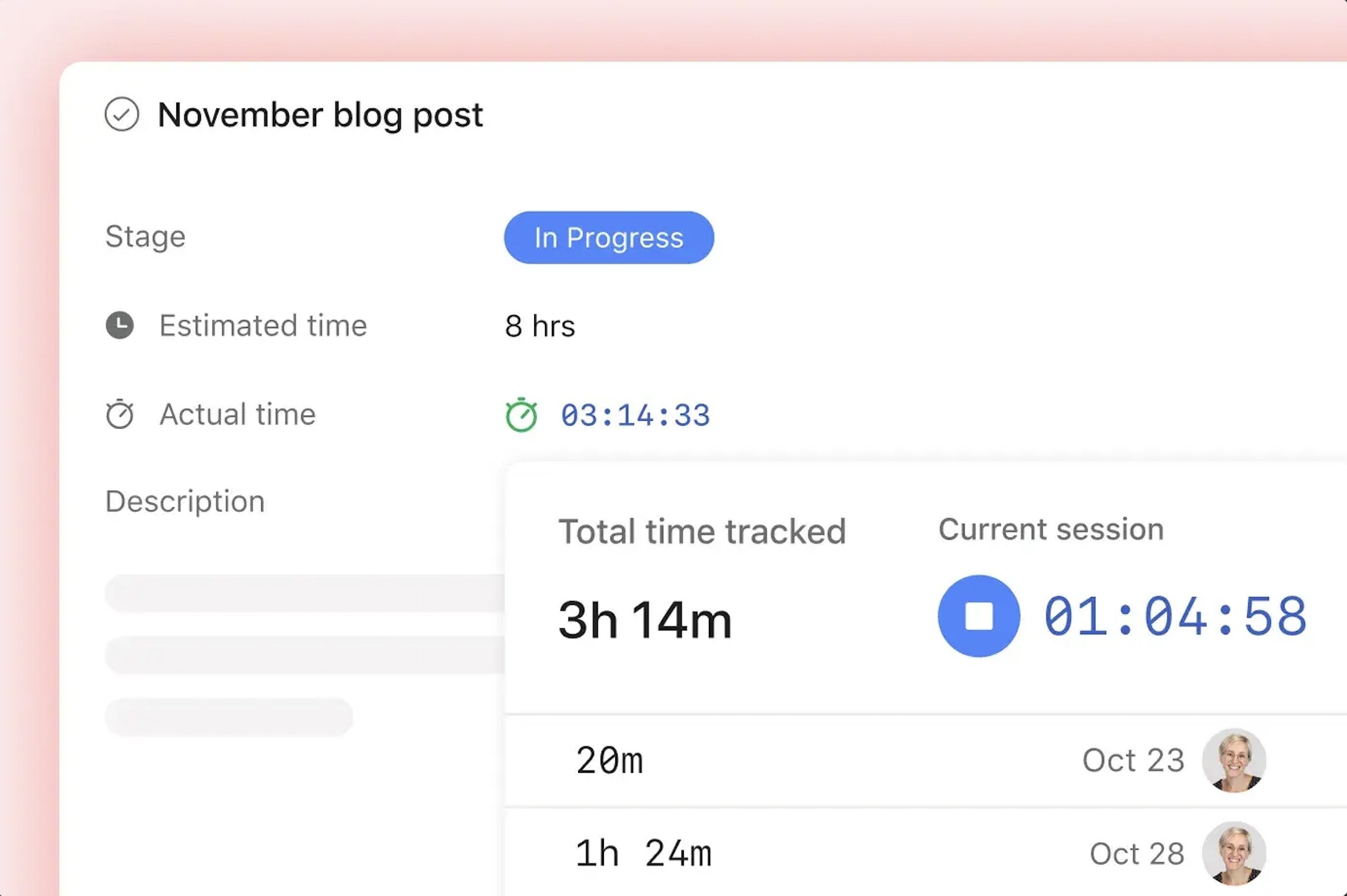 A screenshot of the total time tracked for an in-progress task within Asana