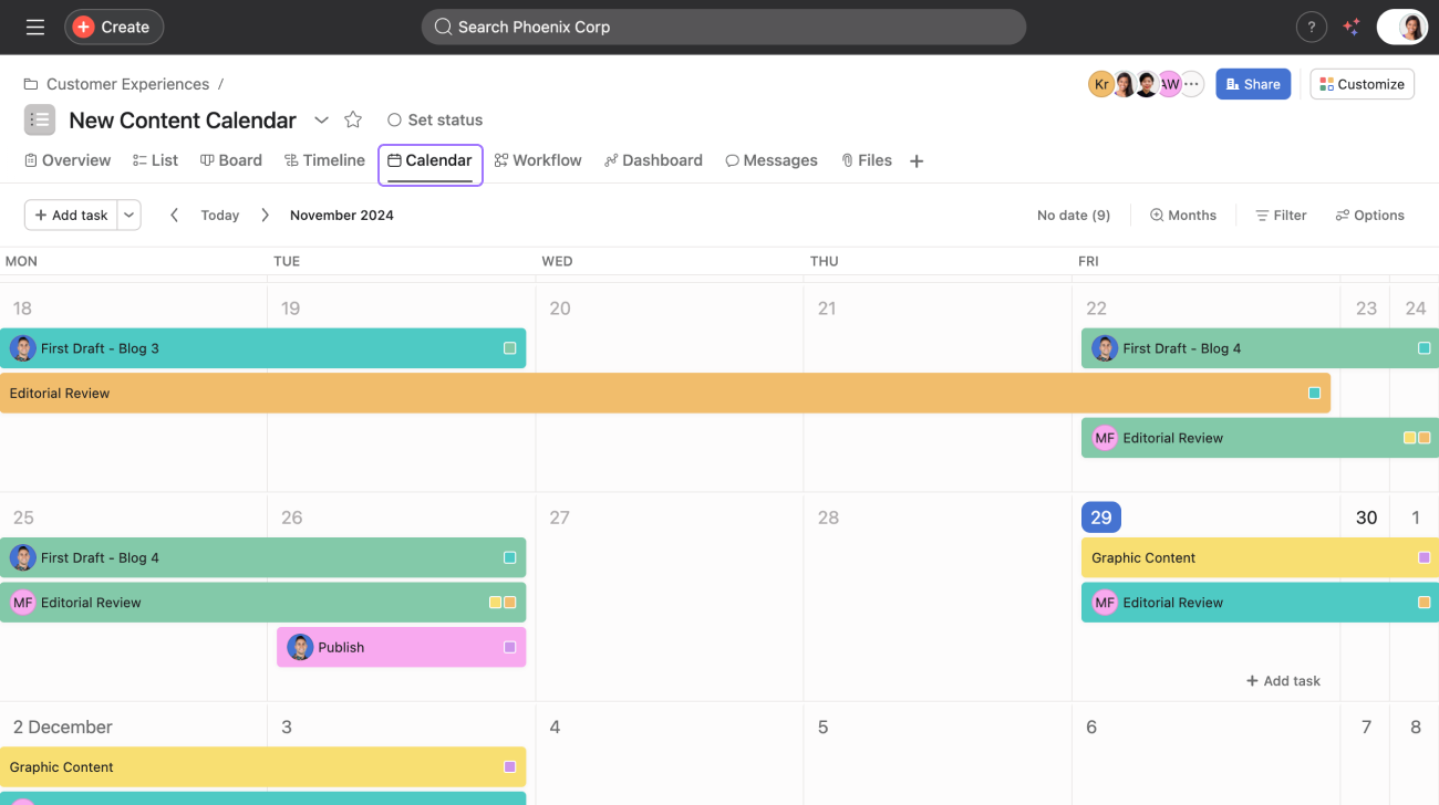 Asana calendar view showing a content calendar with color-coded tasks like "First Draft," "Editorial Review," and "Graphic Content" in a one month view..