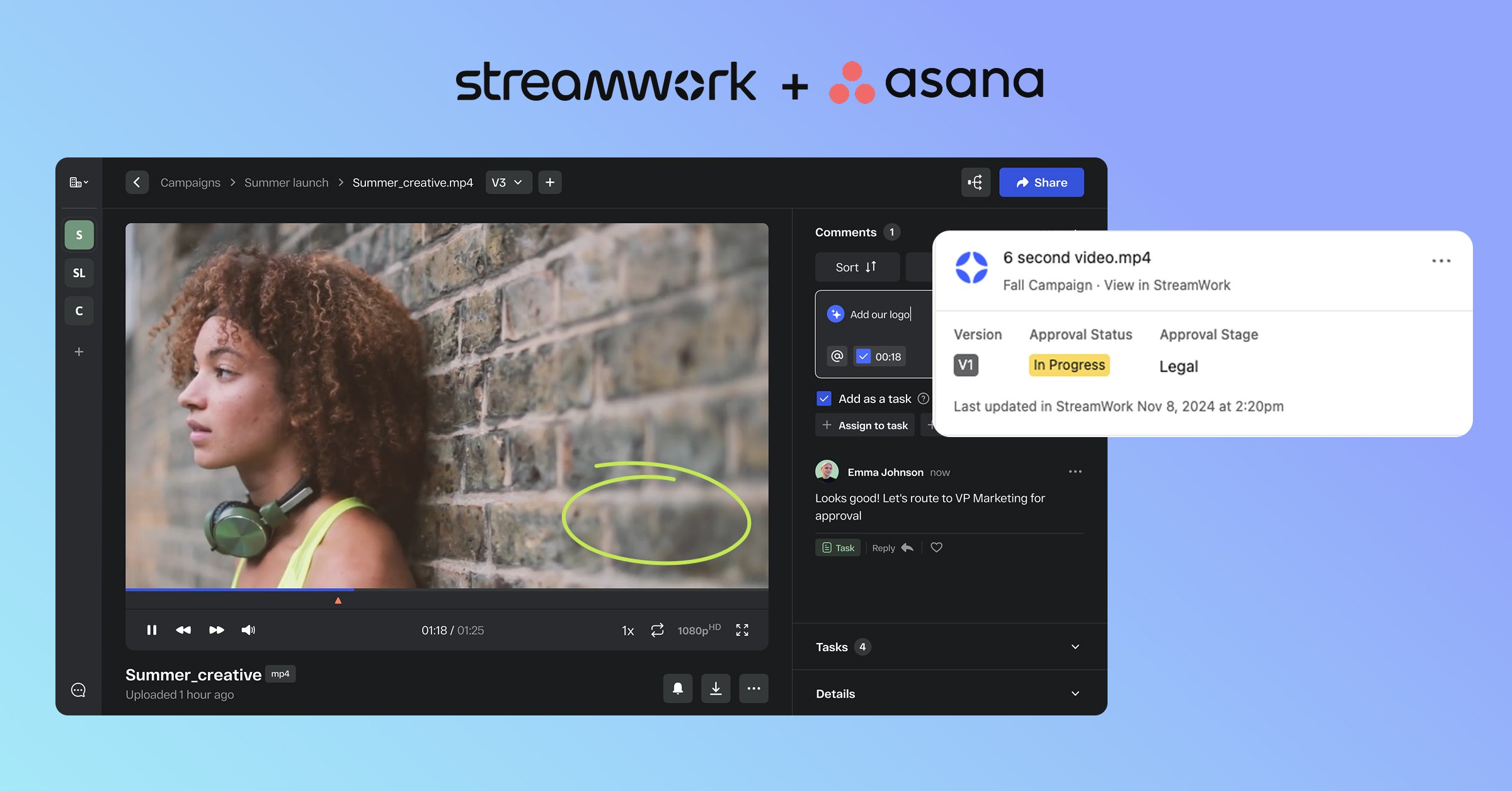StreamWork creative review interface showing video markup with Asana integration - approval status, version tracking, and comments panel for streamlined creative feedback workflow