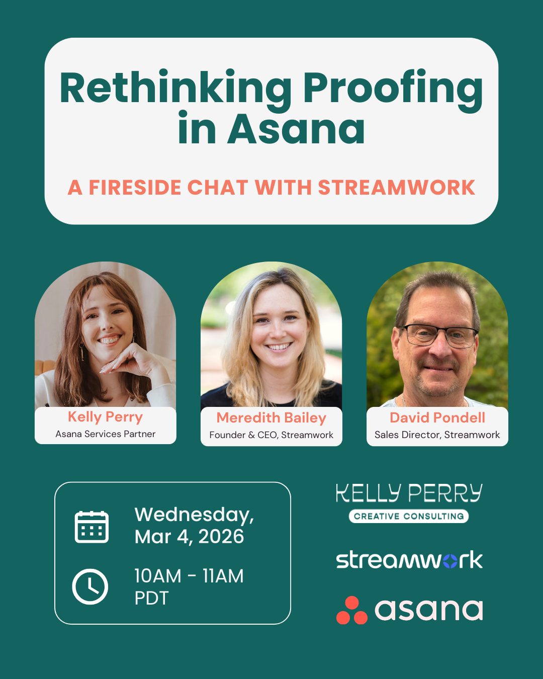 Promotional image for the co-hosted webinar titled Rethinking Proofing in Asana: A Fireside Chat with Streamwork co-hosted by Kelly Perry