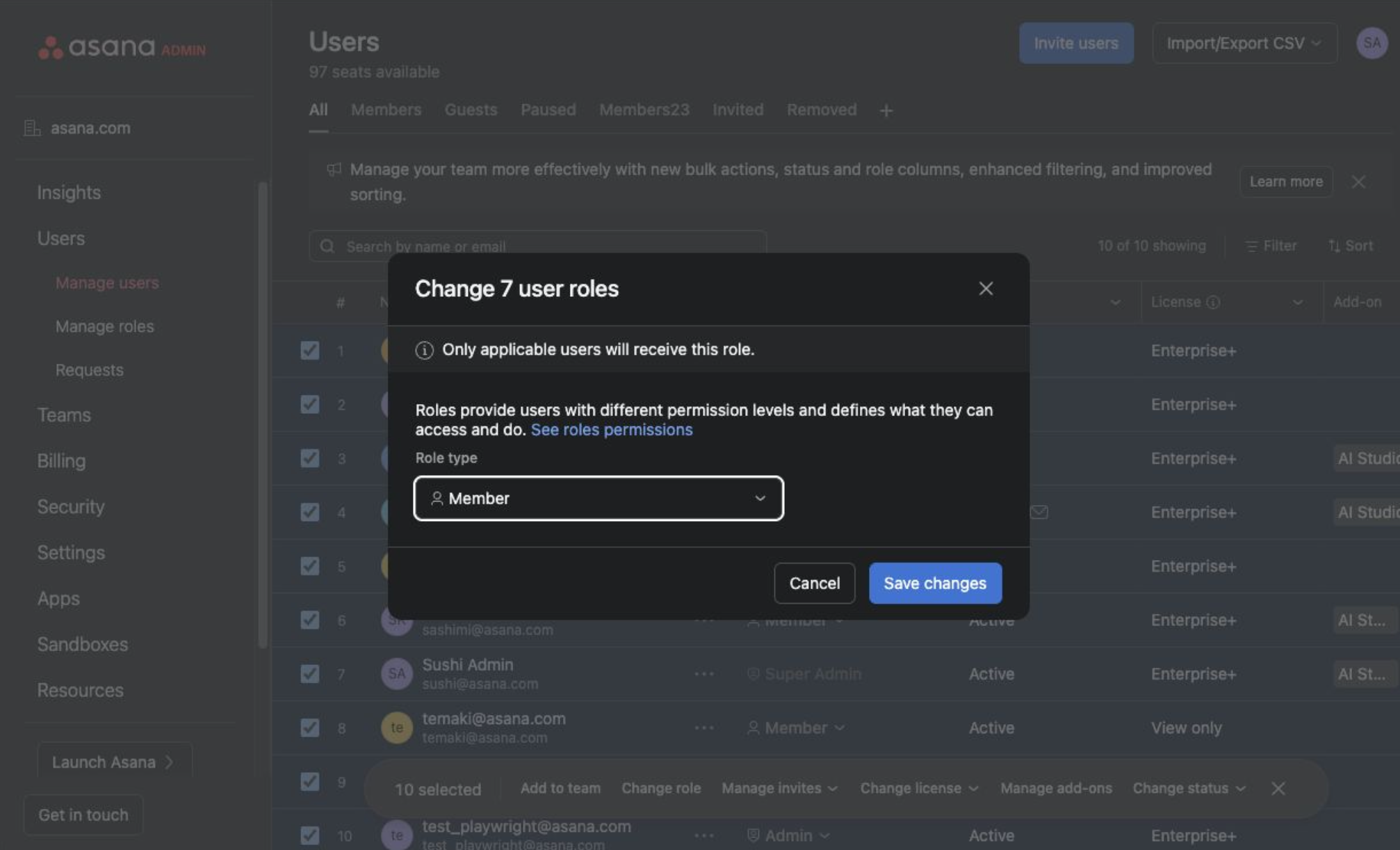 A screenshot showing where to bulk update user access in Asana's admin console