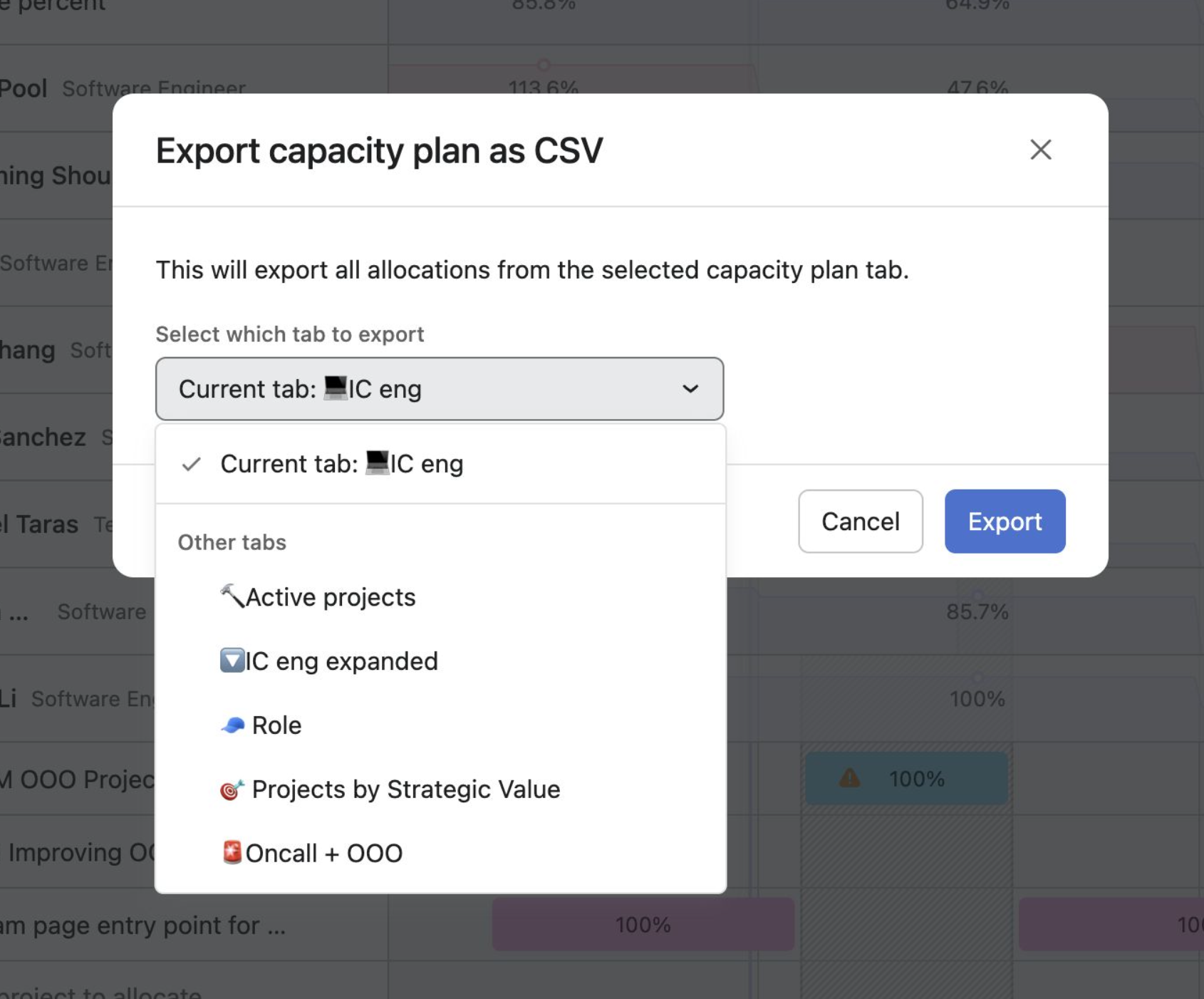 Asana's capacity plan data can now be exported as a CSV