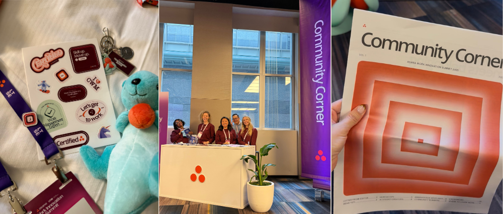 A photo of Asana branded swag, a photo of the Asana team, and a photo of a branded Asana newsletter from WIS 2025.