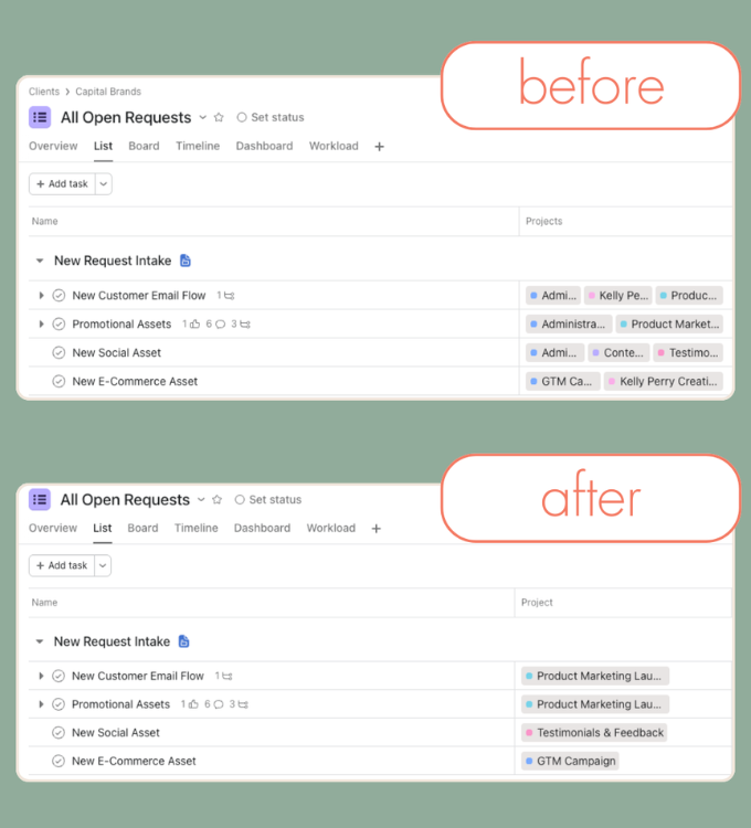Client and Project Management using Asana's Reference Custom Field Feature before and after screenshots