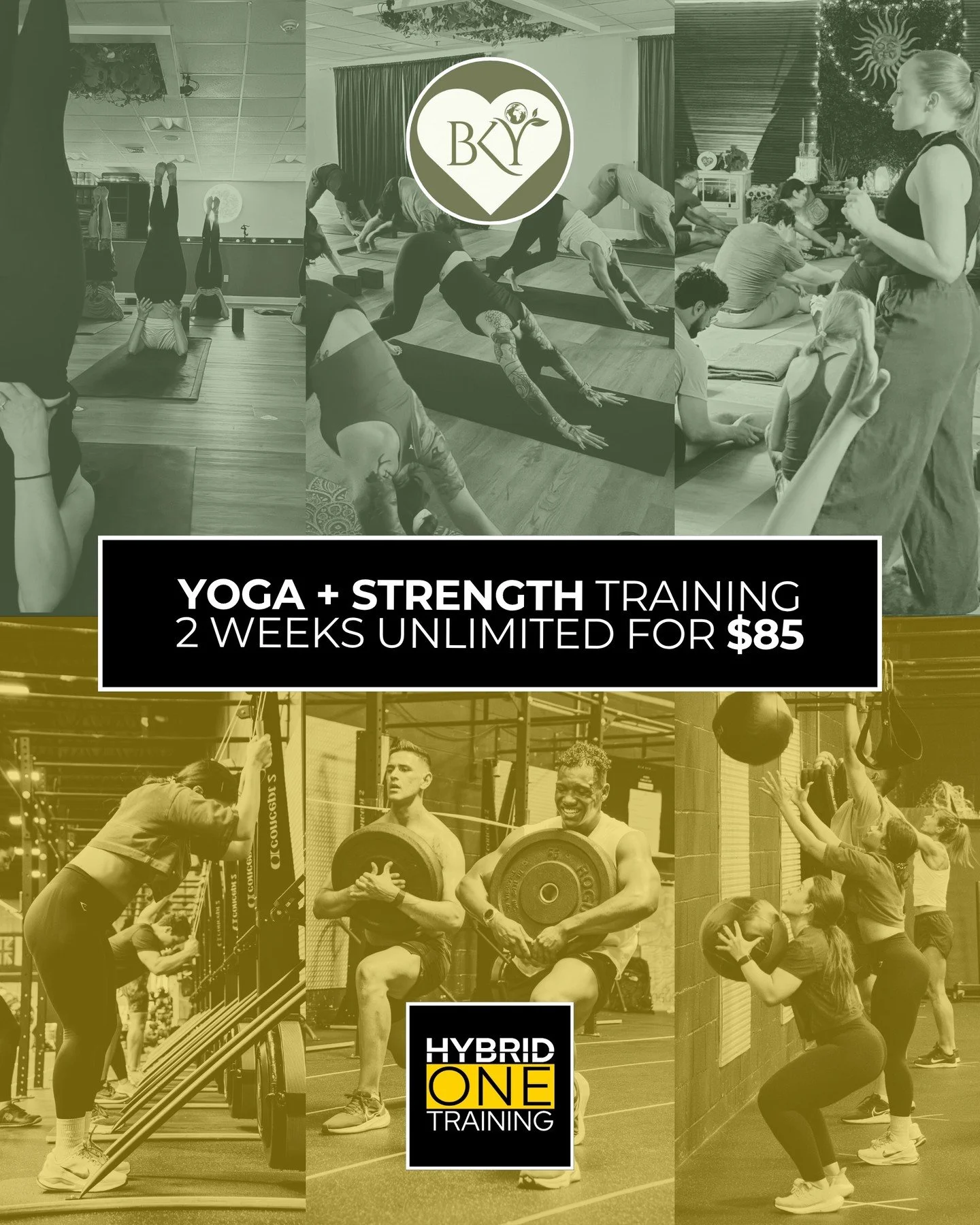 *NEW* intro offer available!

You can now try both BK Yoga and Hybrid One Training for two weeks with unlimited access to classes for only $85!

This intro offer gives you the best of both worlds: yoga and strength training, all under one roof, with 