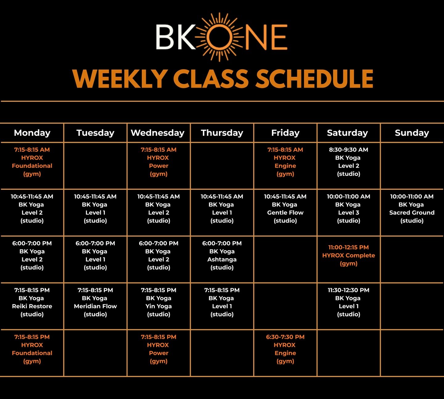 Pinch &lsquo;n zoom to pick out your classes this week! Here&rsquo;s the official weekly BK:ONE schedule🌞
We&rsquo;ll update whenever things change🕺🏼