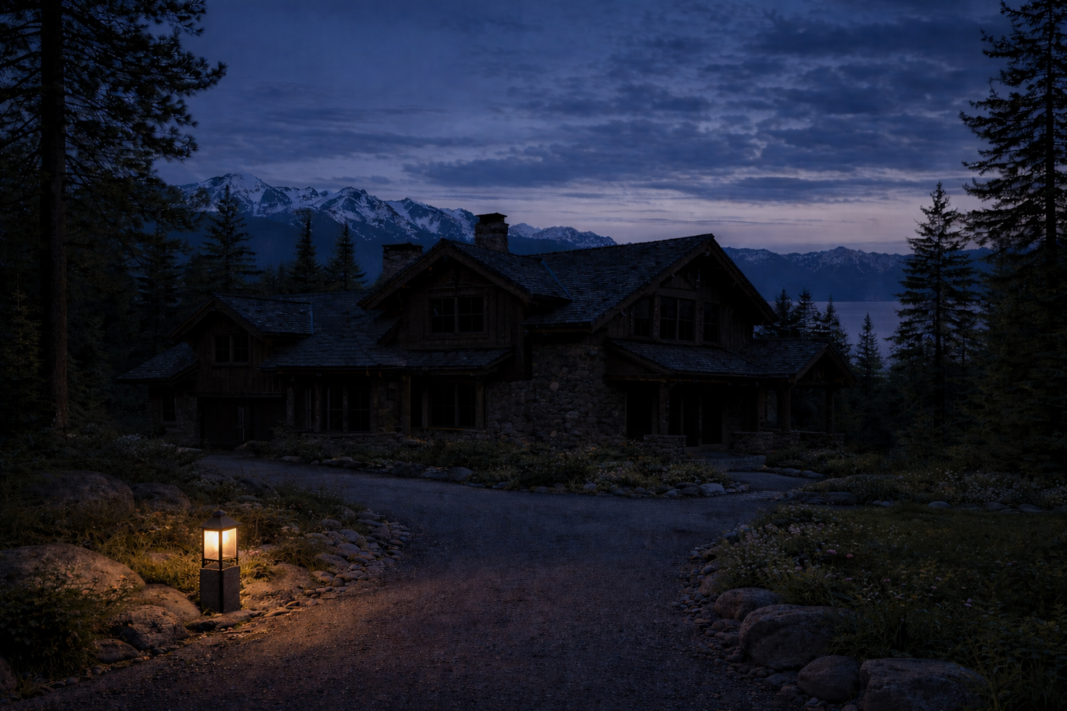A large wooden house with stone accents is situated among tall trees in a mountainous area during dusk or early evening. A small lit lantern is visible along the gravel driveway in the foreground, with snow-capped mountains and cloudy sky in the background.