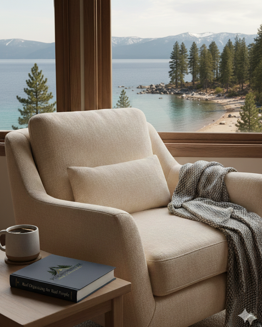 Cozy living room with a beige armchair, a blanket draped over it, a mug, and a book on a side table, overlooking a lake and mountain landscape through large wooden-framed windows.