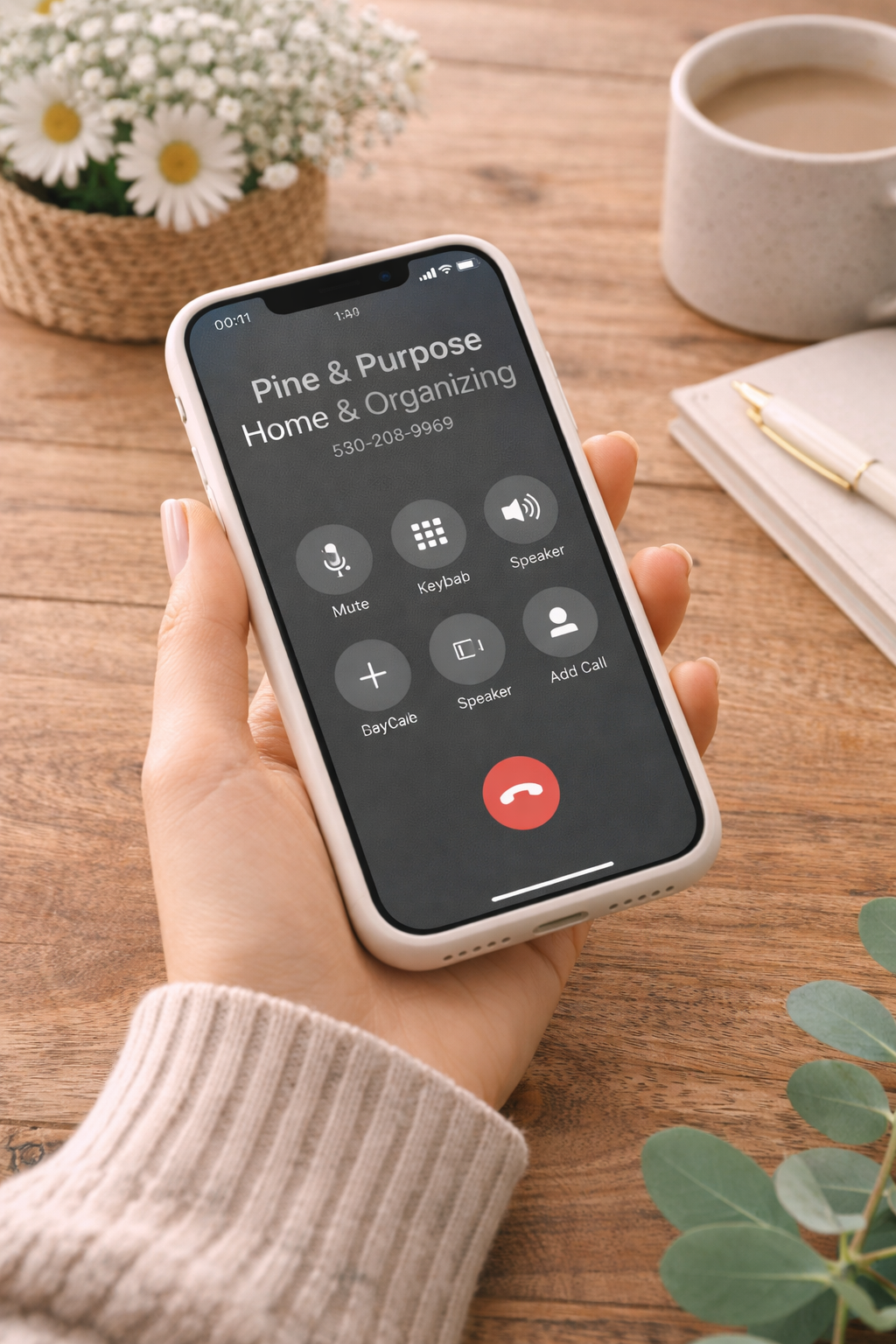 A person holding a smartphone in their hand during a phone call with 'Pine & Purpose Home & Organizing.' The phone screen shows call options like mute, keypad, speaker, BayCale, add call, and end call. On the table, there is a cup of coffee, a notebook with a gold pen, a basket of white daisies, and some eucalyptus leaves.