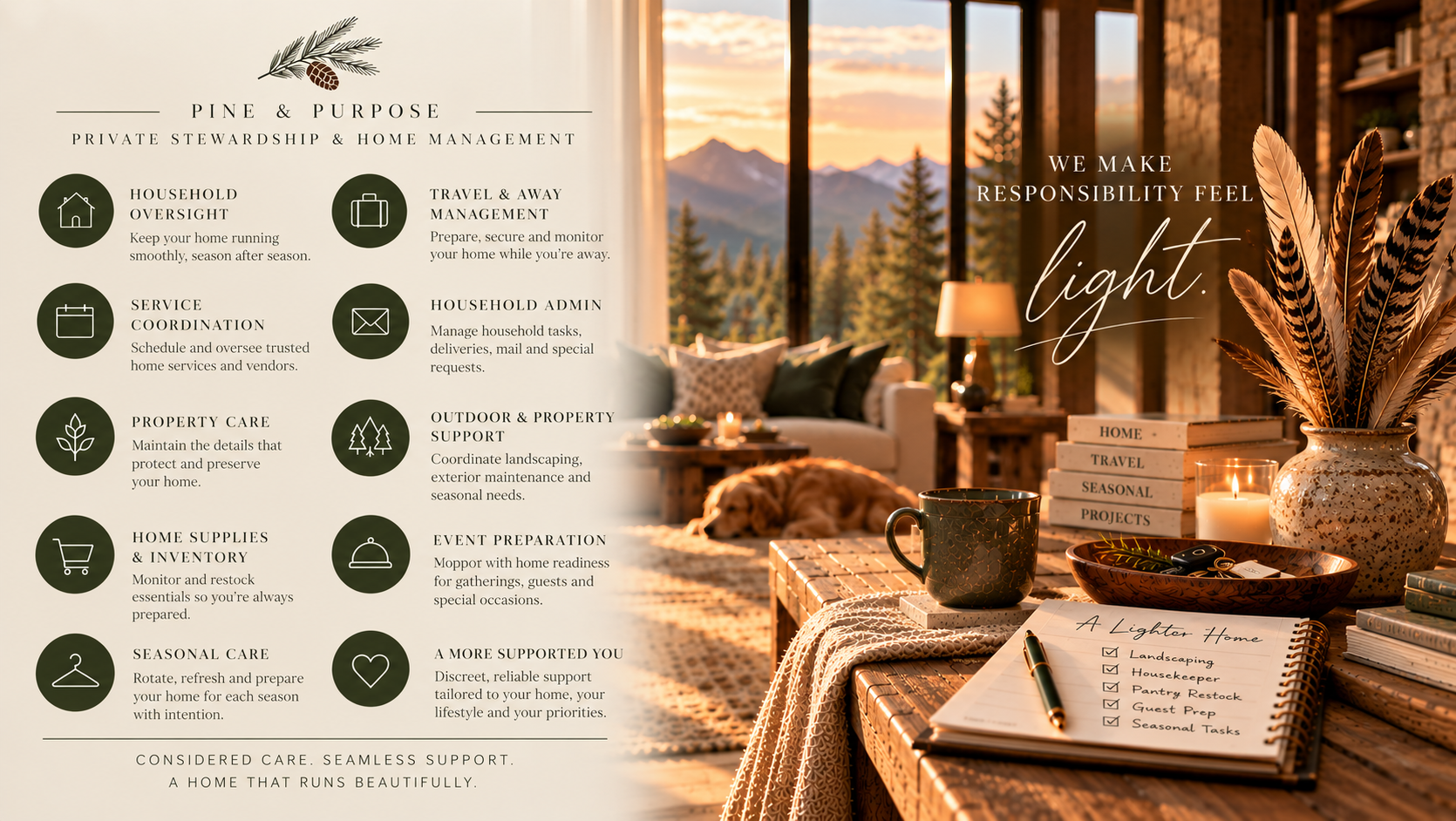 A cozy living room with large windows showing a mountain view at sunset. The room has a white sofa with pillows, a wooden coffee table, a lamp, and various decorative items including a potted plant, books, candles, and a notebook with a checklist for home organization.