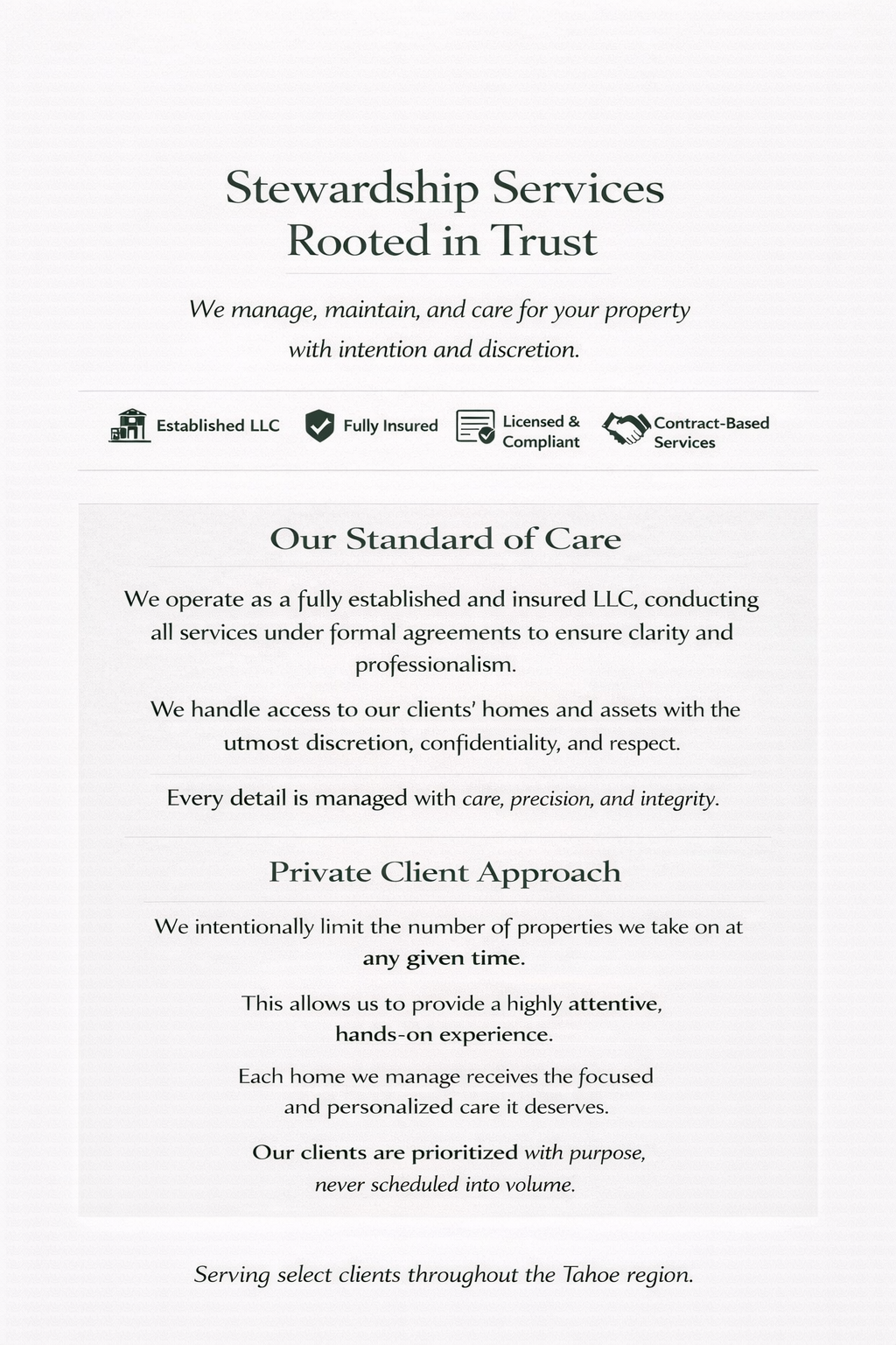 A flyer for a property stewardship service, describing their trust-based care standards, client approach, and service guarantees, with icons for LLC, insurance, licensing, and contract services.