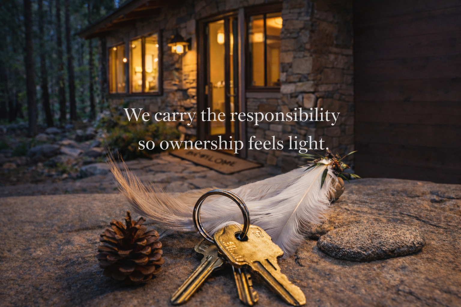 Close-up of house keys, a pine cone, and a feather on a rock surface in front of a cozy lit cabin set in a wooded area at dusk, with overlaid text: 'We carry the responsibility so ownership feels light.'