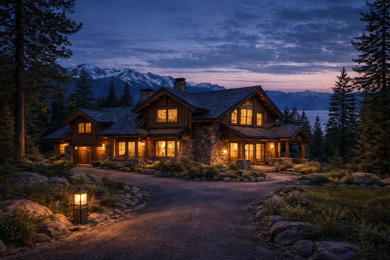 A cozy, rustic house glowing with warm lights, surrounded by trees and rocks, with snow-capped mountains and a lake in the background during twilight.