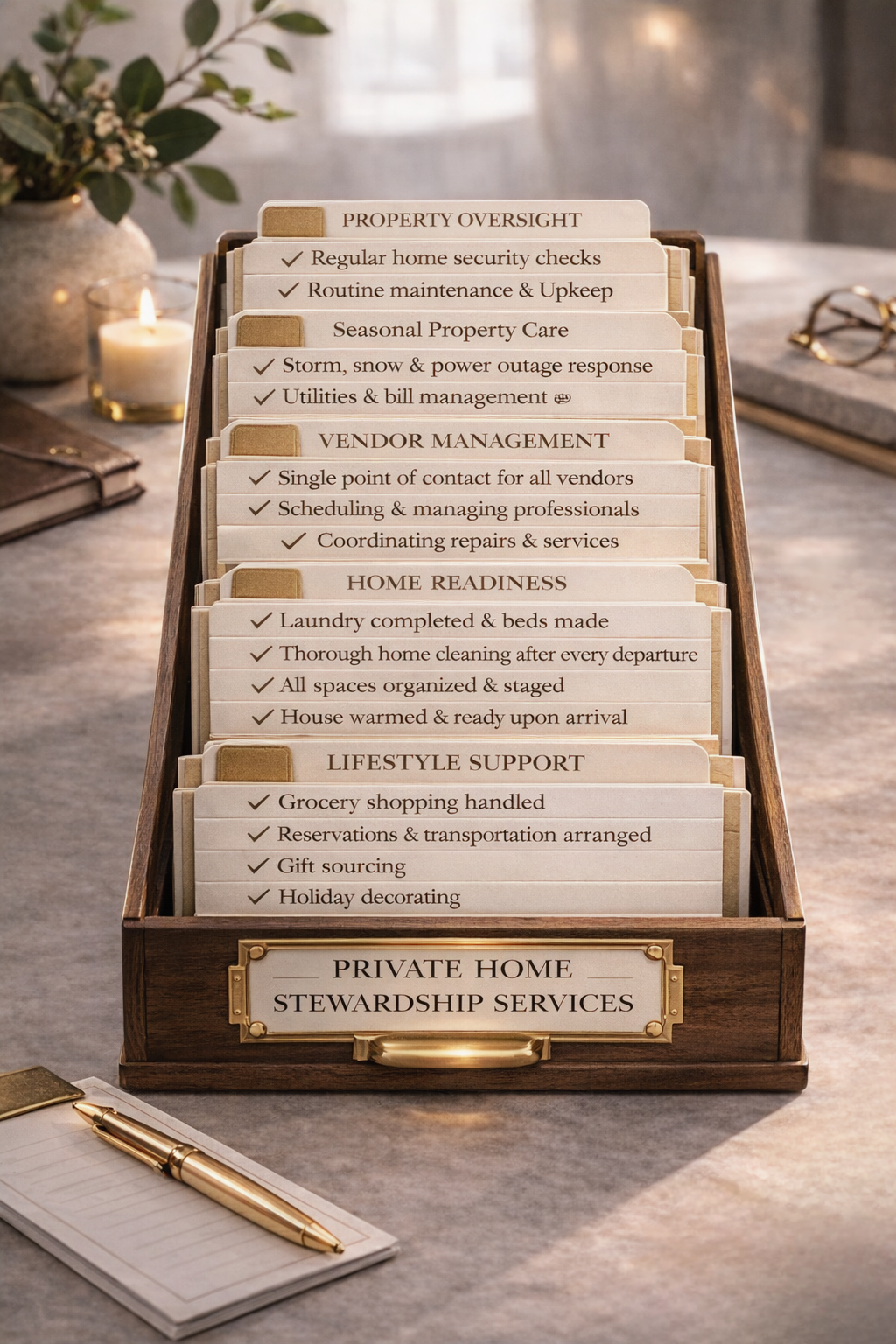 A wooden organizer with labeled tabs for various home and property management services, including property oversight, vendor management, home readiness, lifestyle support, and private home stewardship services, set on a desk with a notebook and pen, in a cozy, well-lit environment.