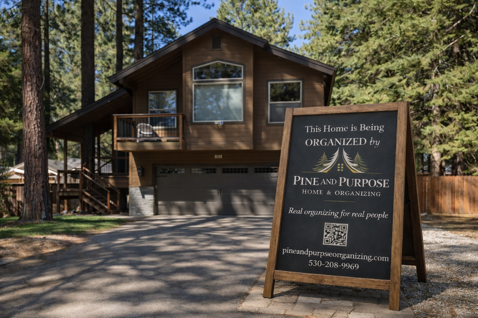 A wooden signboard in front of a two-story house surrounded by tall pine trees. The sign reads, 'This Home is Being ORGANIZED by PINE AND PURPOSE HOME & ORGANIZING. Real organizing for real people' with a QR code, website, and phone number.