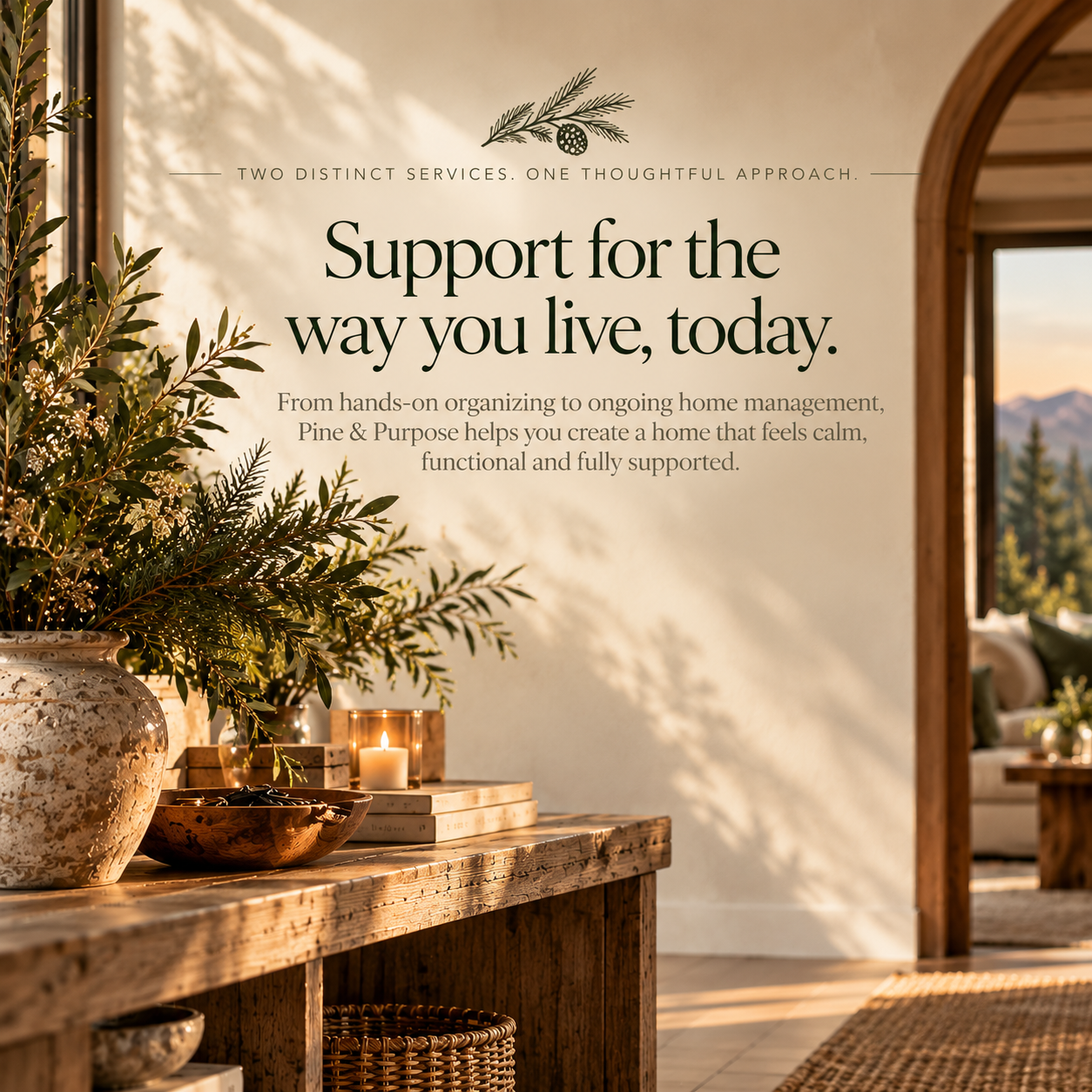 Decorative sign on wall with green foliage illustration, welcoming message about home support and management, in a cozy interior space with wooden furniture, candles, and plants, overlooking a scenic view of mountains and trees.