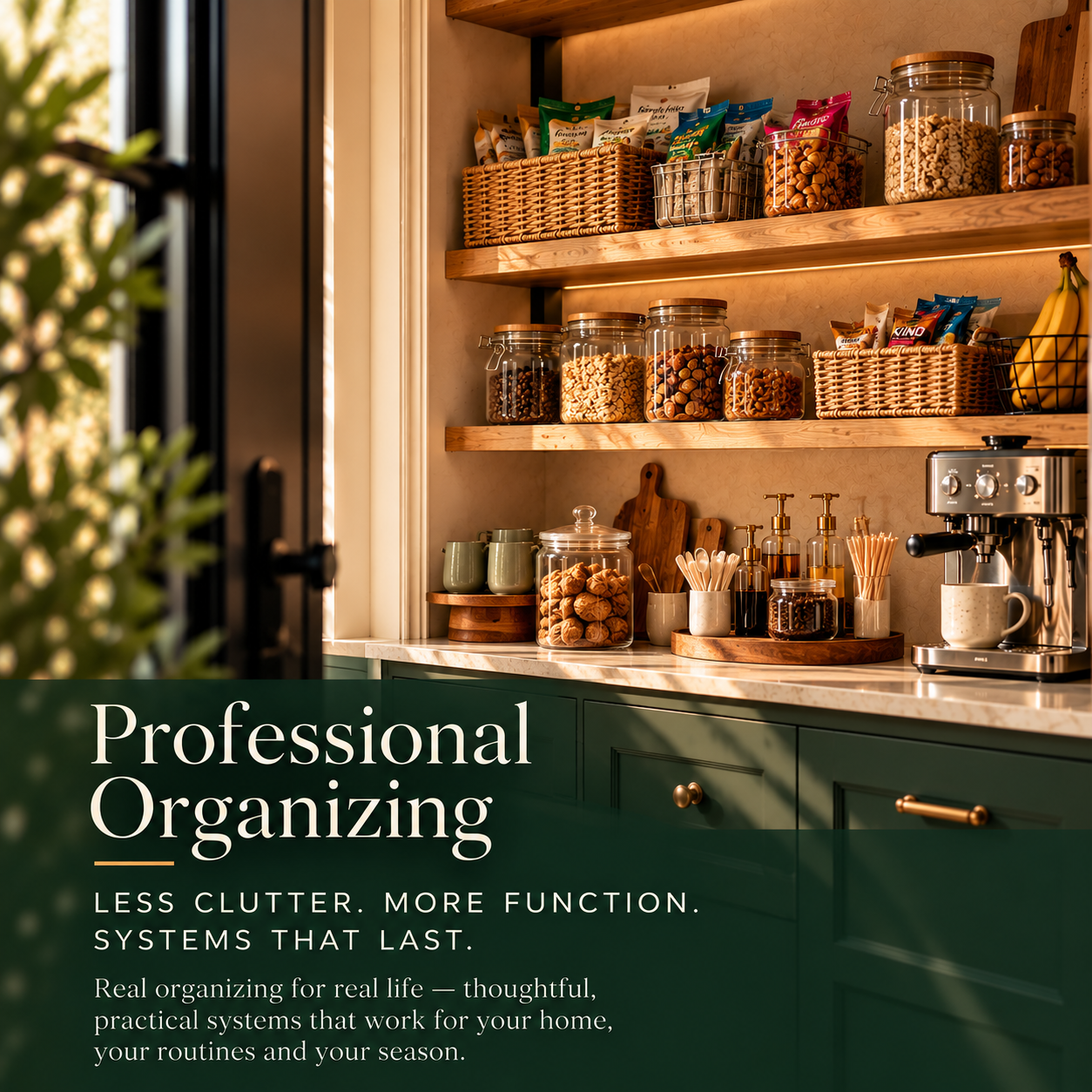 A kitchen shelf with jars of snacks and a counter with coffee supplies, green cabinet drawers, and a coffee machine. The text overlay reads 'Professional Organizing - Less Clutter. More Function. Systems That Last. Real organizing for real life — thoughtful, practical systems that work for your home, your routines and your season.'