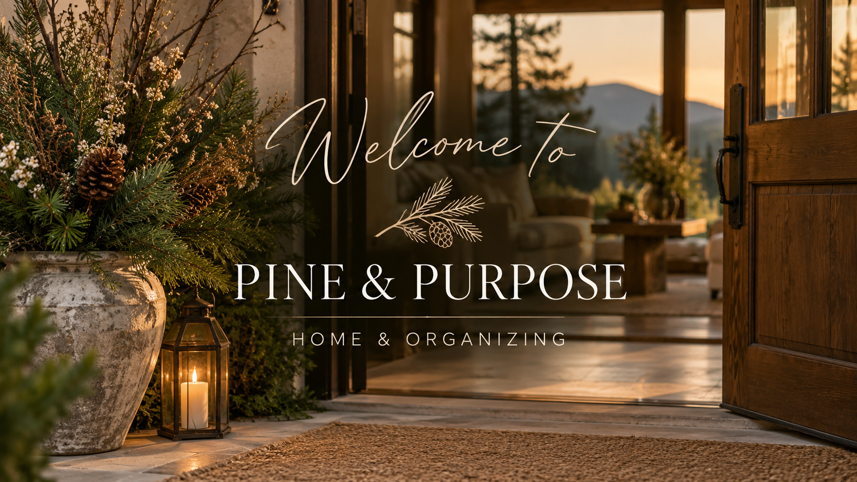 Open wooden door leading into a cozy, warmly lit home with a large floral arrangement with pine branches and pinecones, a candle lantern on the porch, and windows showing a scenic outdoor mountain view at sunset.