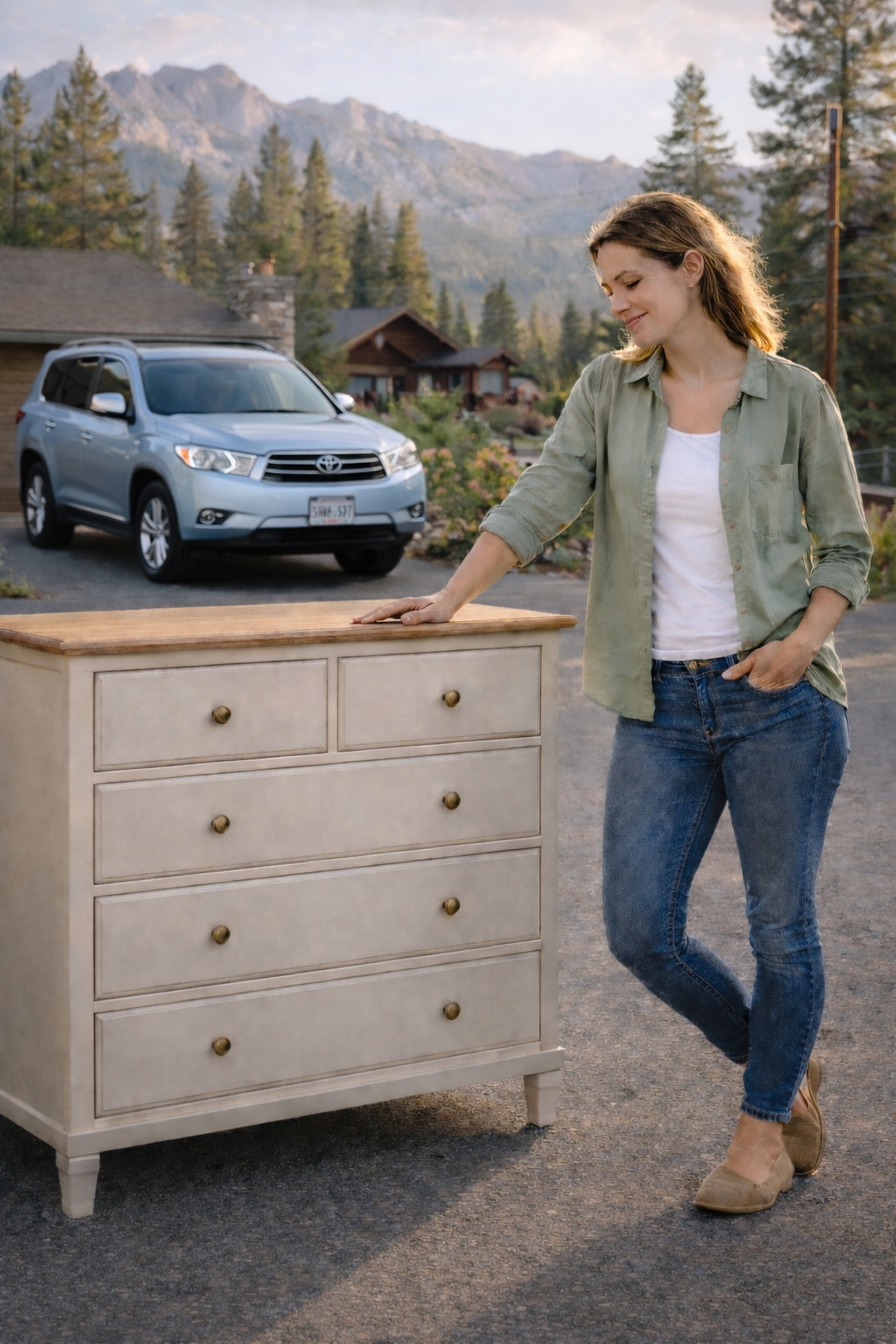 A woman with shoulder-length hair, wearing a light green shirt, white t-shirt, and blue jeans, standing next to a beige dresser with round knobs outside during sunset, with a silver SUV parked in the driveway and mountains in the background.