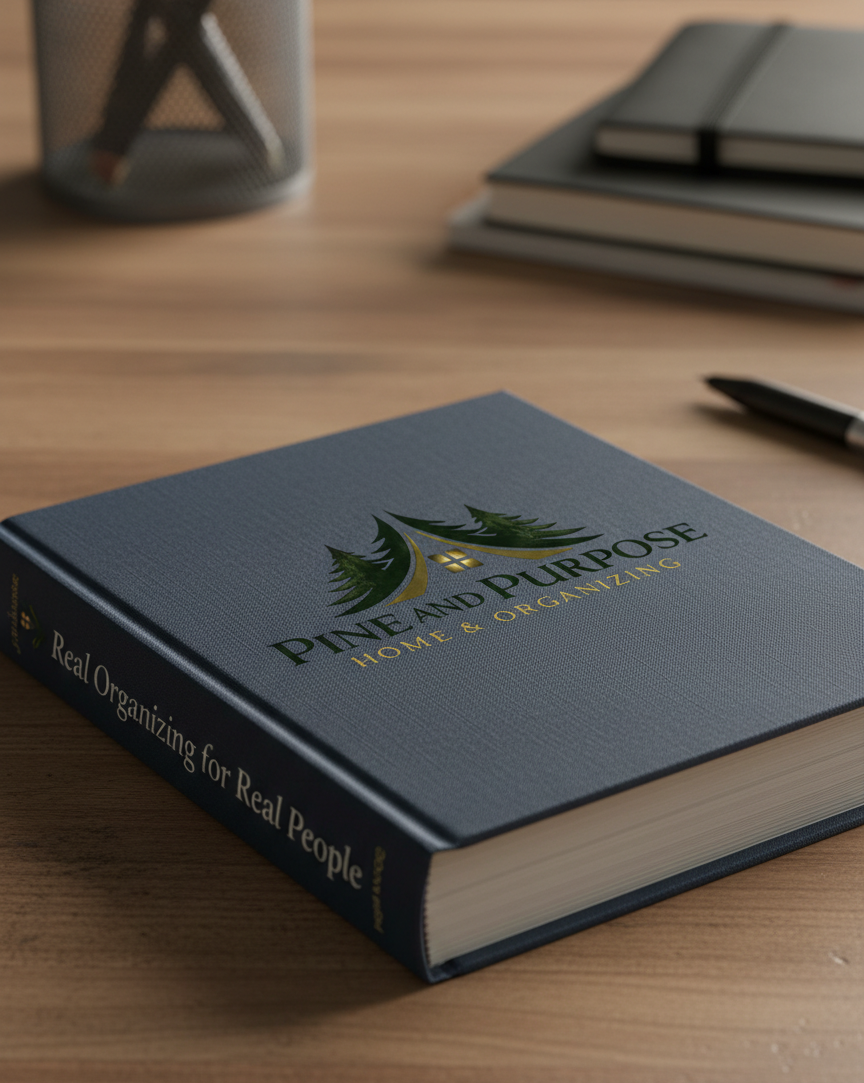 A blue hardcover book titled 'Pine and Purpose: Home & Organizing' with a subtitle reading 'Real Organizing for Real People,' resting on a wooden desk. In the background, there is a gray pen holder with pens and a stack of notebooks or planners.