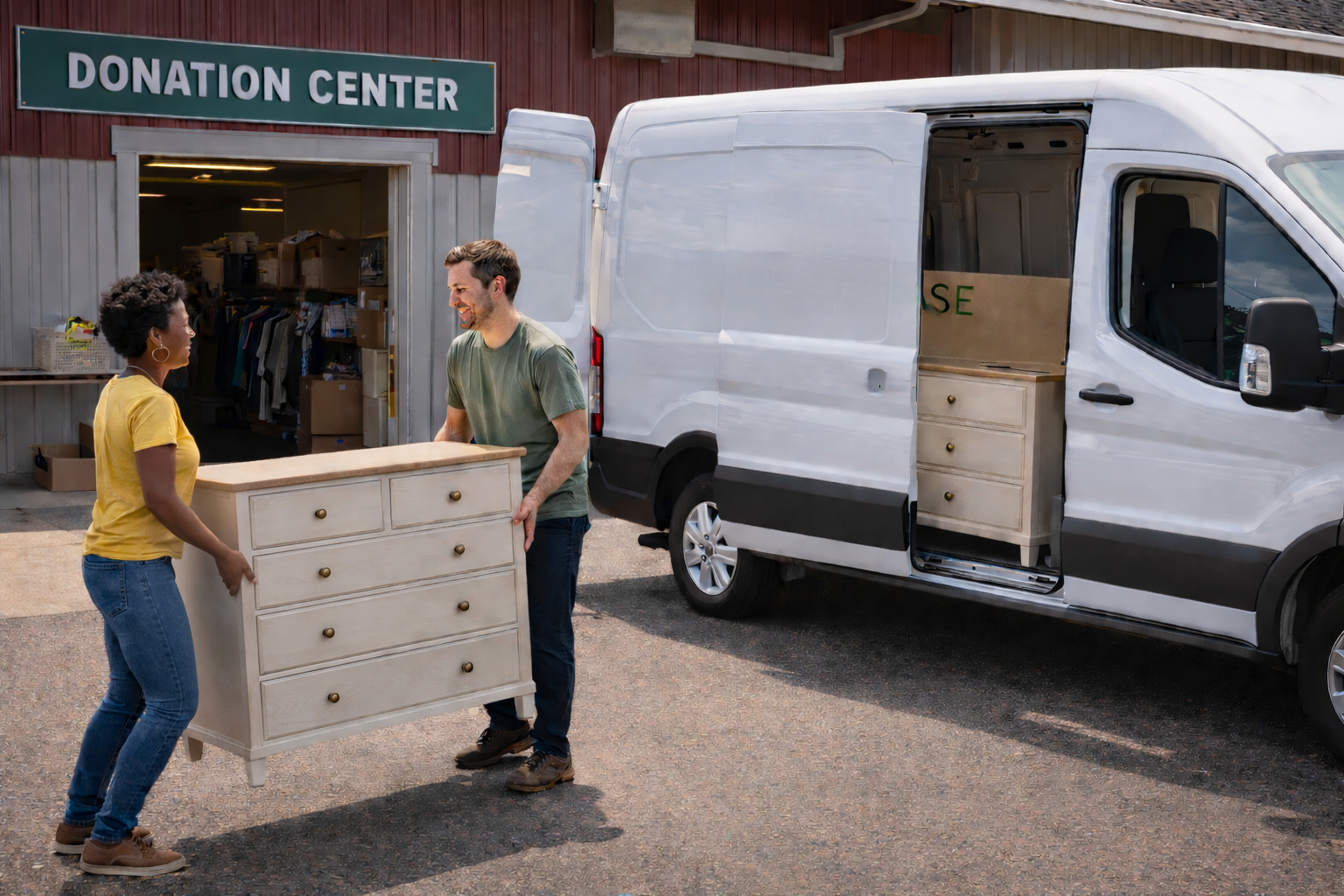 Two people unloading furniture from a white van outside a donation center with a sign that reads 'Donation Center'. The man and woman are smiling as they move a light-colored dresser. Inside the donation center, clothes and boxes are visible.