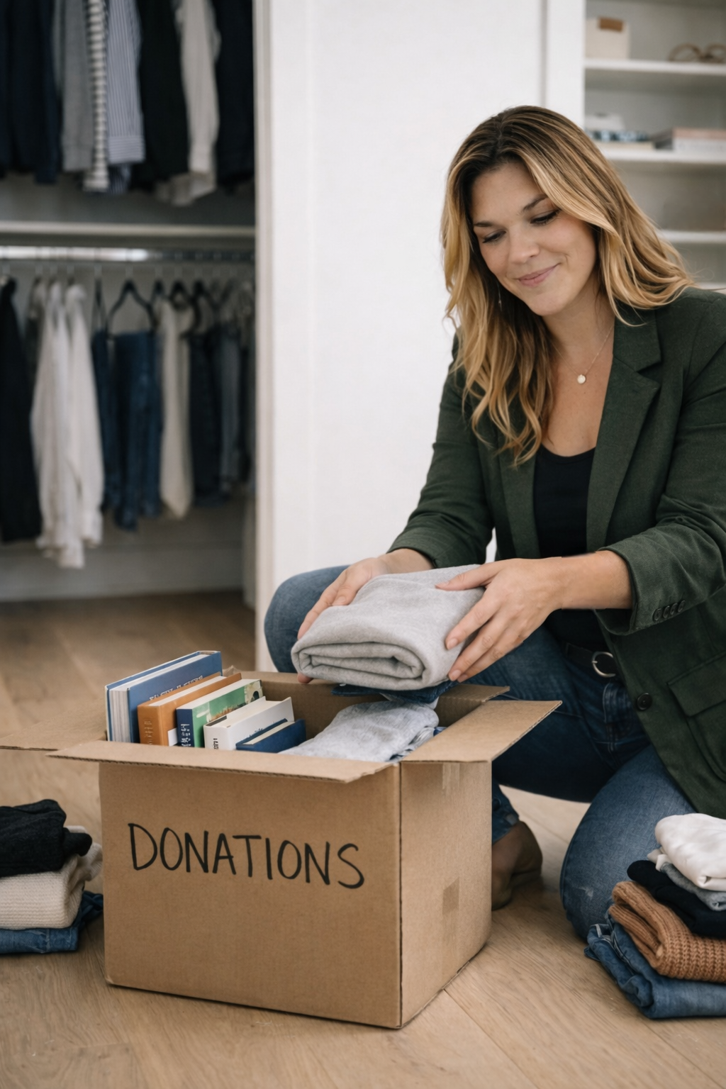 Woman sorting clothes for donation in a room with open closet and shelves, placing folded clothes into a box labeled 'Donations'.