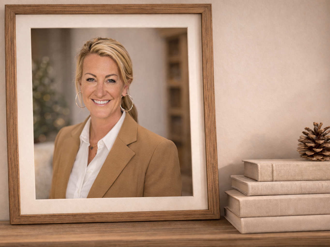 Framed photo of a smiling woman with blonde hair, wearing a tan blazer and white shirt, on a wooden surface with a stack of books and a pinecone beside it.