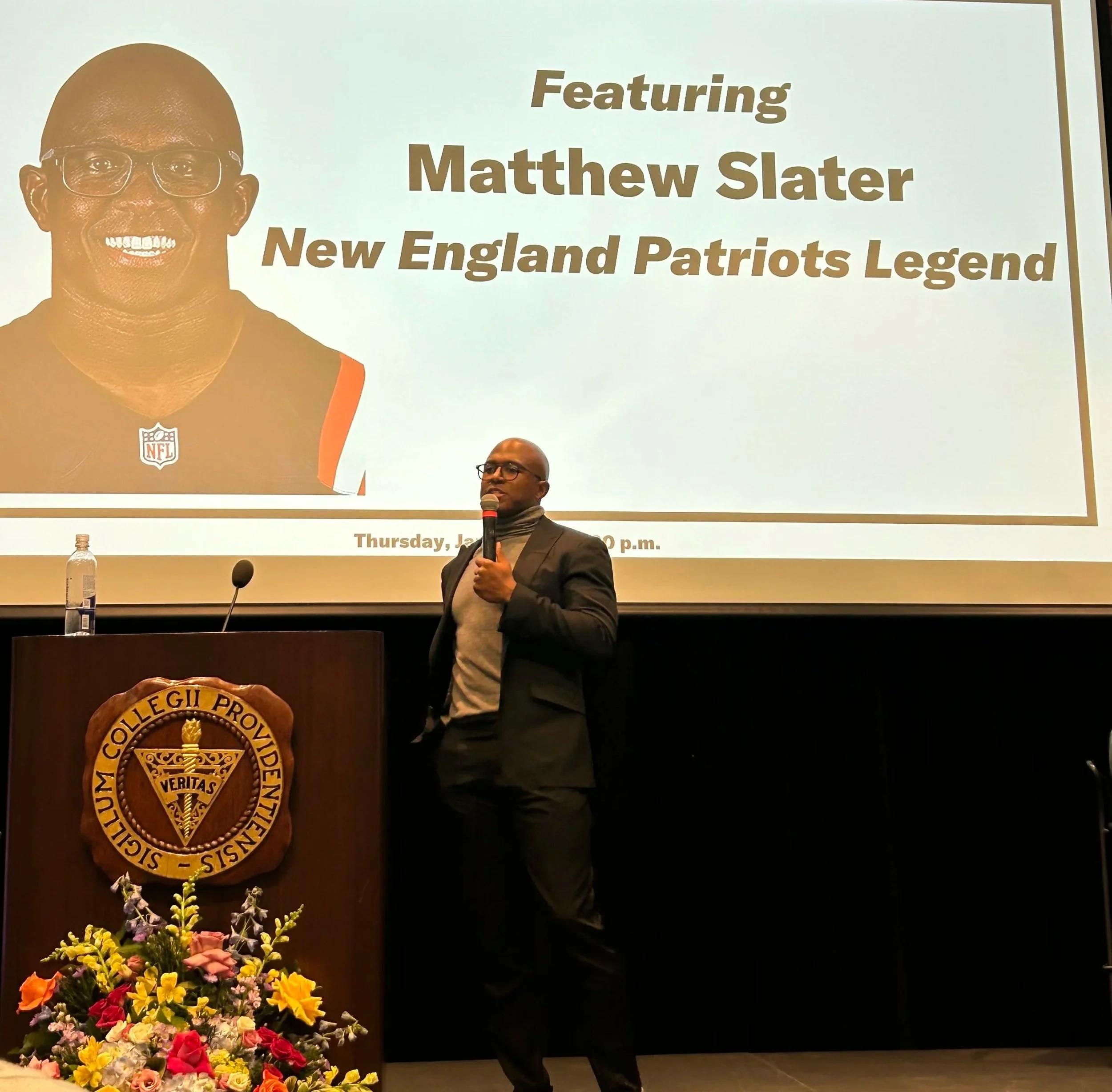 Matthew Slater speaking to providence college students at their annual dinner. Book matthew slater to speak at your next event.
