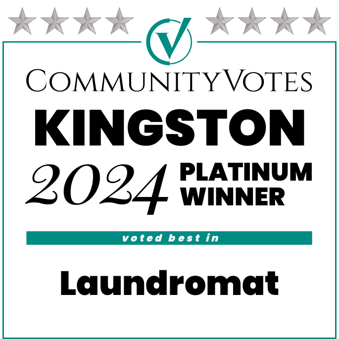 Award plaque indicating Kingston as the 2024 platinum winner for best laundromat, with a community votes badge at the top.