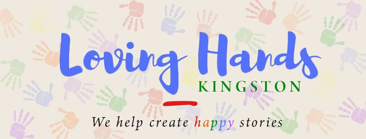Colorful background with handprints and the text 'Loving Hands Kingston' and the tagline 'We help create happy stories'.
