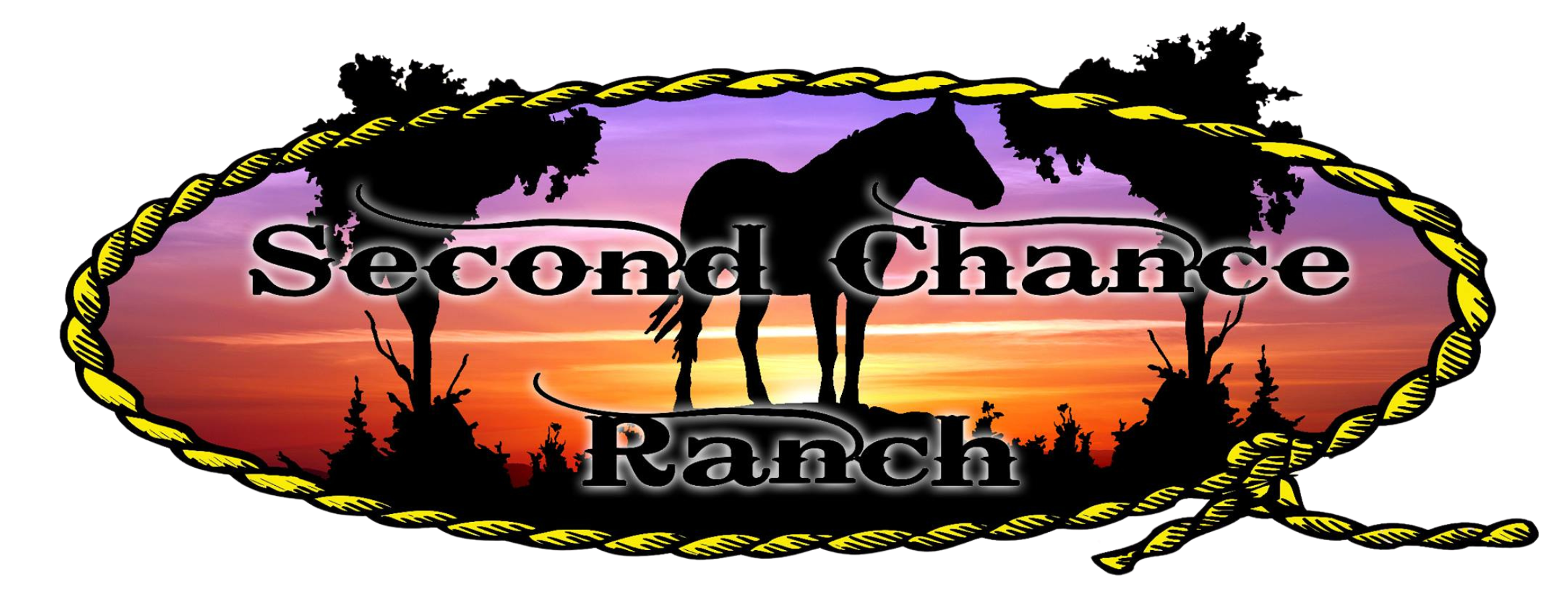 Logo with a sunset background, black horse silhouette, and the words "Second Chance Ranch" written across the center, outlined by a yellow rope border.