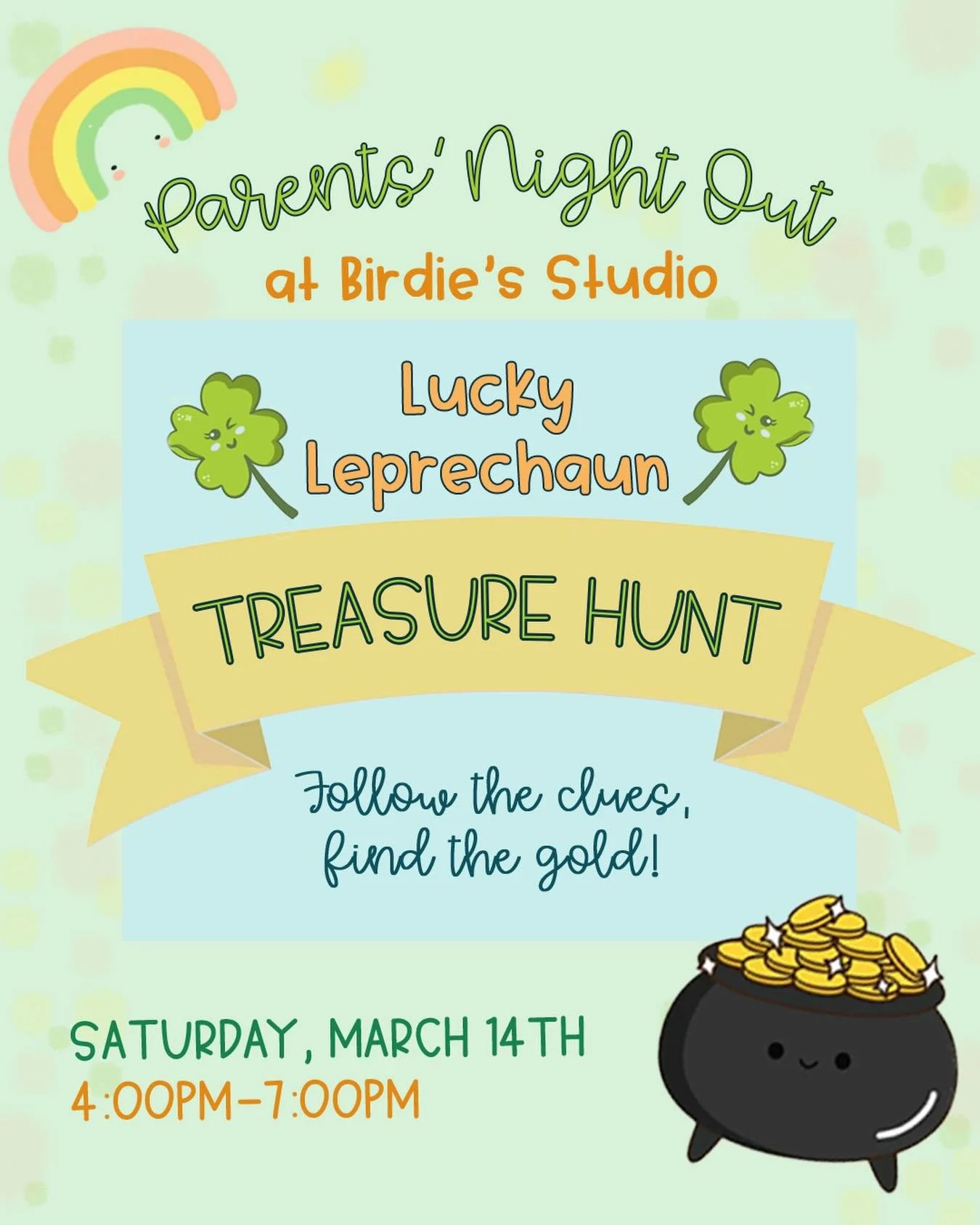 Join us for a special PNO, on Saturday 3/14! riddles, hidden treasure, and pizza dinner all included☘️🌈🐣 registration is live! link in bio💕