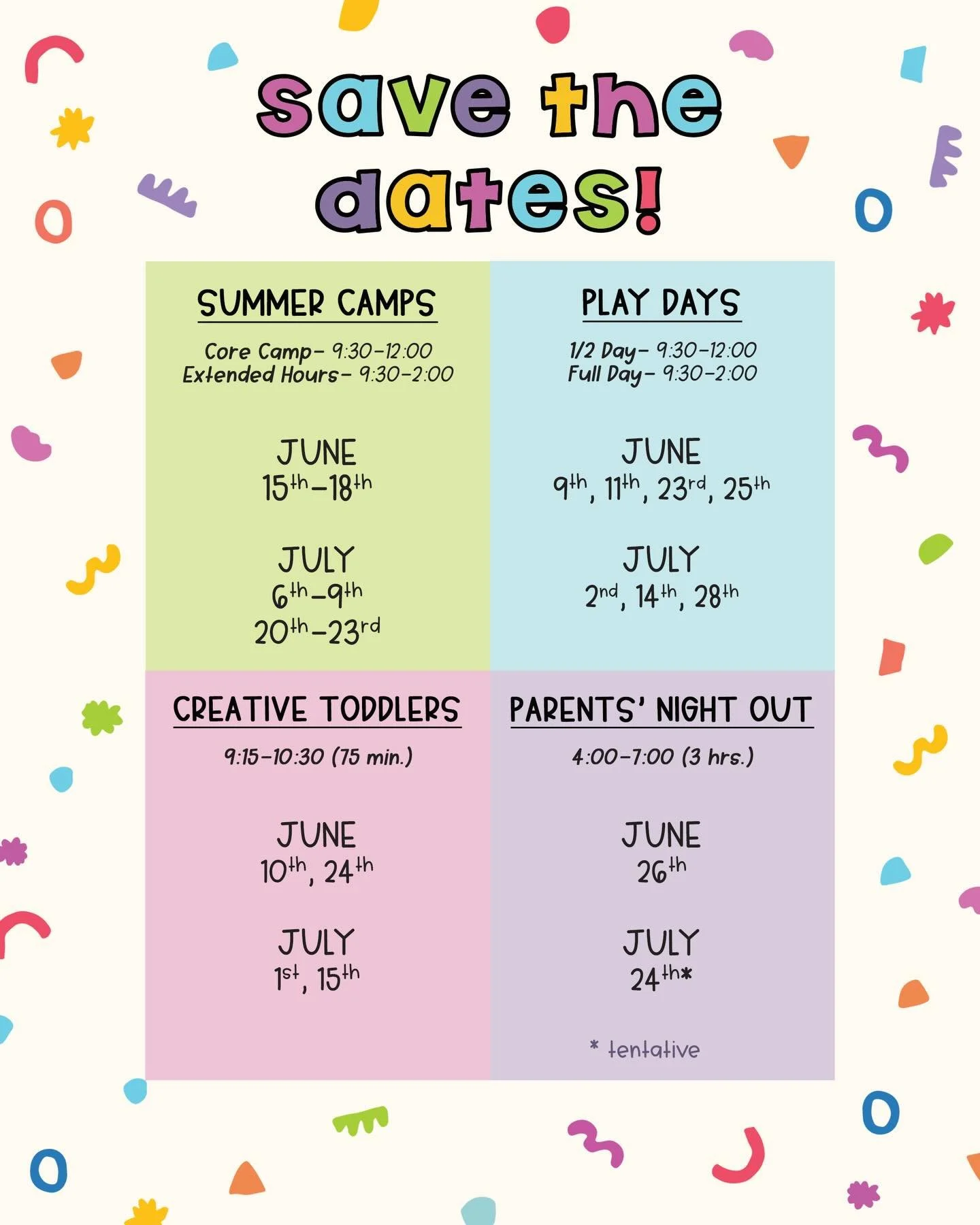 for all my early birds!!! save the dates for another summer of playing, creating, and making!! calendar view, themes and sign ups are coming in a couple weeks🌱🐣💕