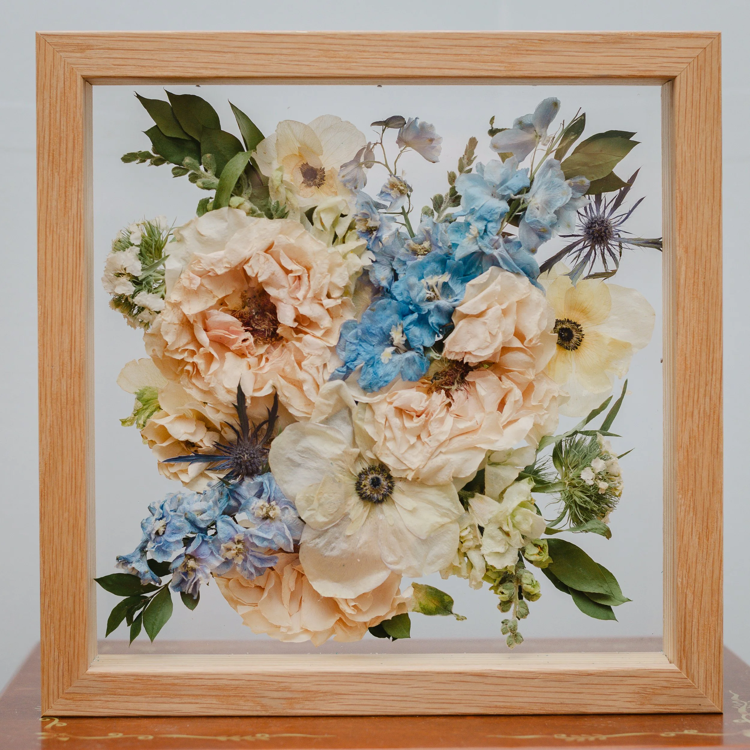 preserved wedding bouquet in floating shadow box