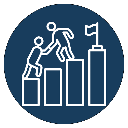 Illustration d'une personne aidant une autre à monter une escalade symbolisée par des barres croissantes, représentant la progression ou l'accompagnement vers le succès.