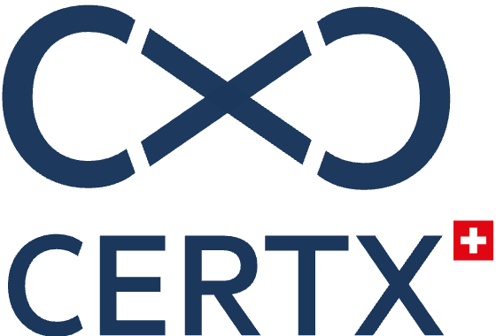 Logo de CertX avec un symbole d'infini modifié et le texte 'CERTX' en dessous.